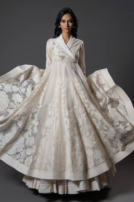 Rohit Bal_Ivory Organza, Chanderi Silk, Voile Embroidery Floral Applique Anarkali Set _Online_at_Aza_Fashions
