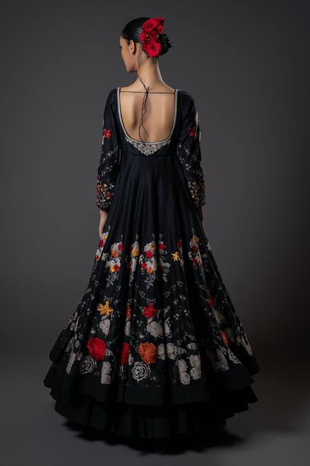 Shop_Rohit Bal_Black Chanderi , Voile, Embroidery Round Floral Resham Anarkali Set _at_Aza_Fashions