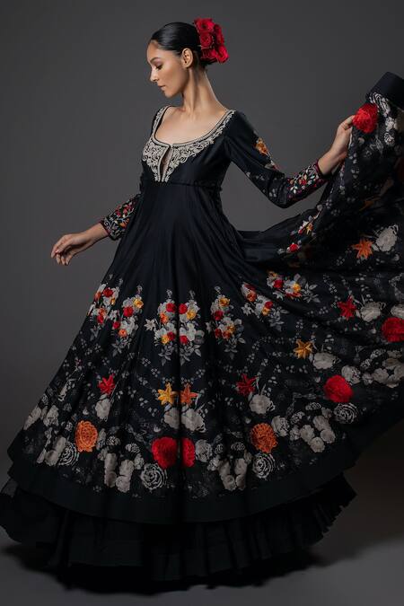 Rohit Bal_Black Chanderi , Voile, Embroidery Round Floral Resham Anarkali Set _Online_at_Aza_Fashions