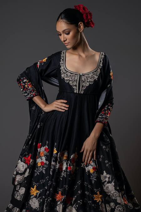 Buy_Rohit Bal_Black Chanderi , Voile, Embroidery Round Floral Resham Anarkali Set _Online_at_Aza_Fashions