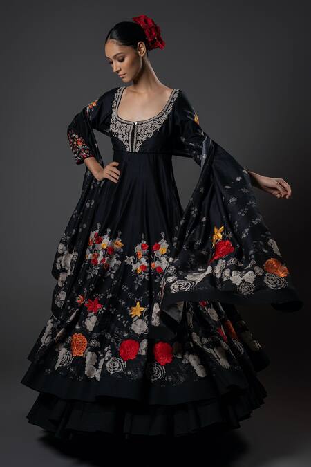 Shop_Rohit Bal_Black Chanderi , Voile, Embroidery Round Floral Resham Anarkali Set _Online_at_Aza_Fashions