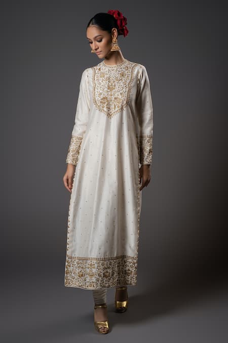 Rohit Bal_Ivory Silk, Voile, Embroidery, Sequins, Vintage Kurta Set _Online_at_Aza_Fashions