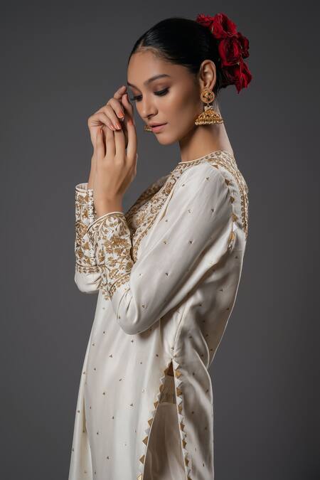 Shop_Rohit Bal_Ivory Silk, Voile, Embroidery, Sequins, Vintage Kurta Set _Online_at_Aza_Fashions