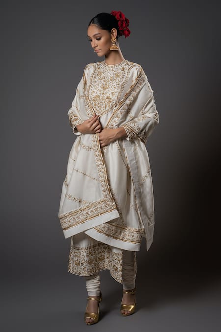 Buy_Rohit Bal_Ivory Silk, Voile, Embroidery, Sequins, Vintage Kurta Set 