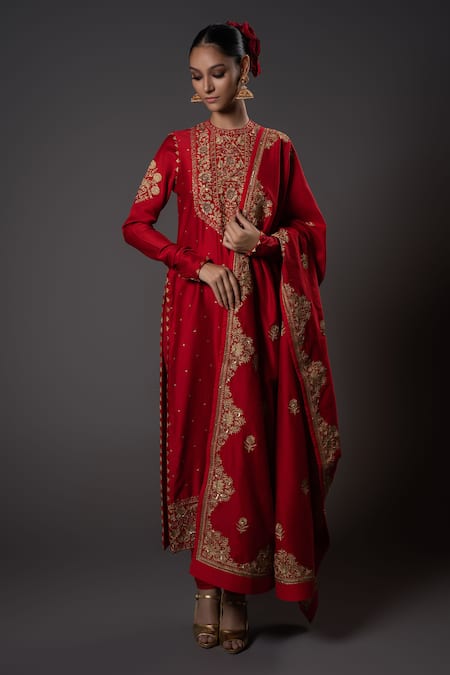 Rohit Bal Red Chanderi Silk Embroidered Zari Round Neck Floral Kurta Set 