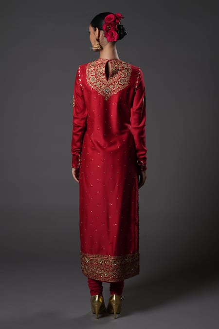 Shop_Rohit Bal_Red Chanderi , Voile, Zari, Embroidery, Sequins Floral Kurta Set _at_Aza_Fashions