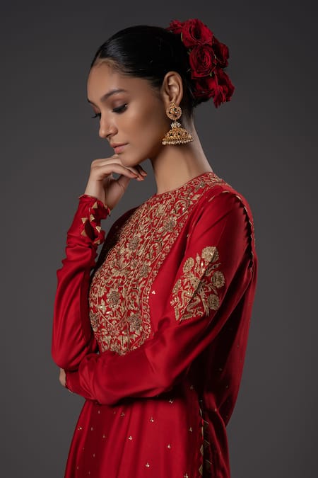 Rohit Bal_Red Chanderi , Voile, Zari, Embroidery, Sequins Floral Kurta Set _Online_at_Aza_Fashions