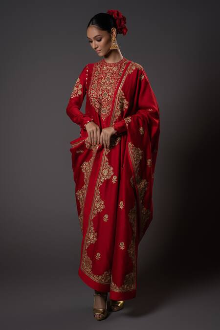 Buy_Rohit Bal_Red Chanderi , Voile, Zari, Embroidery, Sequins Floral Kurta Set _Online_at_Aza_Fashions