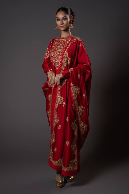Shop_Rohit Bal_Red Chanderi , Voile, Zari, Embroidery, Sequins Floral Kurta Set _Online_at_Aza_Fashions