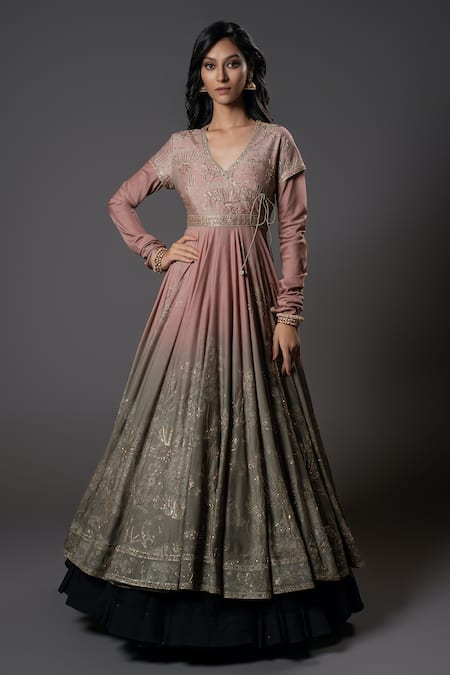 Shop_Rohit Bal_Purple Silk, Voile, Embroidery, Ocean Print Ombre Anarkali Set _at_Aza_Fashions