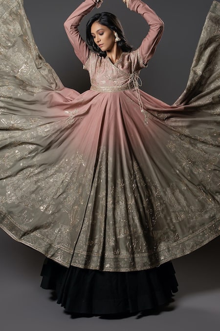 Buy_Rohit Bal_Purple Silk, Voile, Embroidery, Ocean Print Ombre Anarkali Set _Online_at_Aza_Fashions