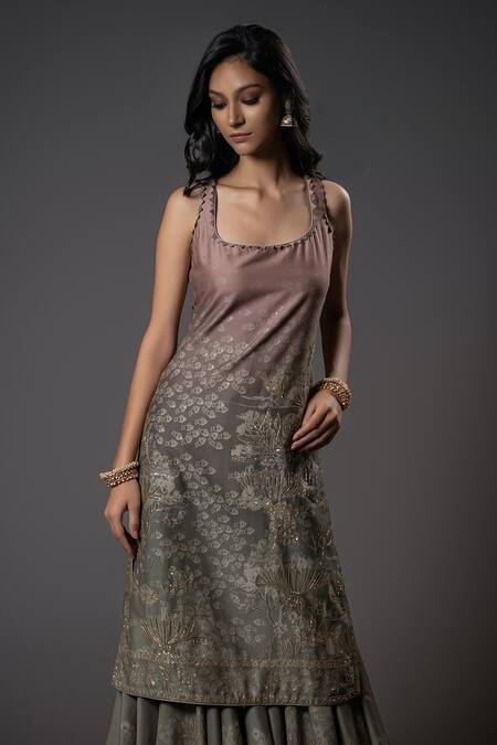 Buy_Rohit Bal_Purple Chanderi Silk, Voile Embroidery, Ocean Print Ombre Kurta Sharara Set _Online_at_Aza_Fashions
