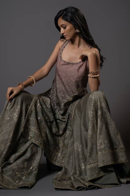 Shop_Rohit Bal_Purple Chanderi Silk, Voile Embroidery, Ocean Print Ombre Kurta Sharara Set _Online_at_Aza_Fashions