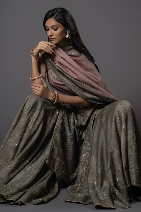 Rohit Bal_Purple Chanderi Silk, Voile Embroidery, Ocean Print Ombre Kurta Sharara Set _at_Aza_Fashions