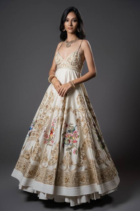 Rohit Bal_Ivory Chanderi Silk, Voile Zari, Vintage Garden Resham Embroidered Anarkali Set _Online_at_Aza_Fashions