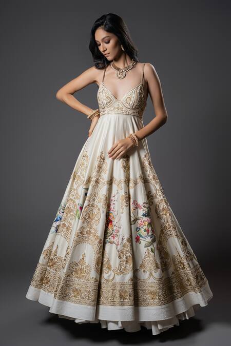 Buy_Rohit Bal_Ivory Chanderi Silk, Voile Zari, Vintage Garden Resham Embroidered Anarkali Set _Online_at_Aza_Fashions