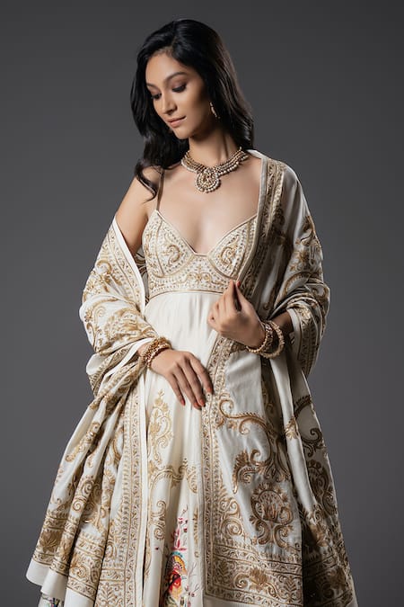Shop_Rohit Bal_Ivory Chanderi Silk, Voile Zari, Vintage Garden Resham Embroidered Anarkali Set _Online_at_Aza_Fashions