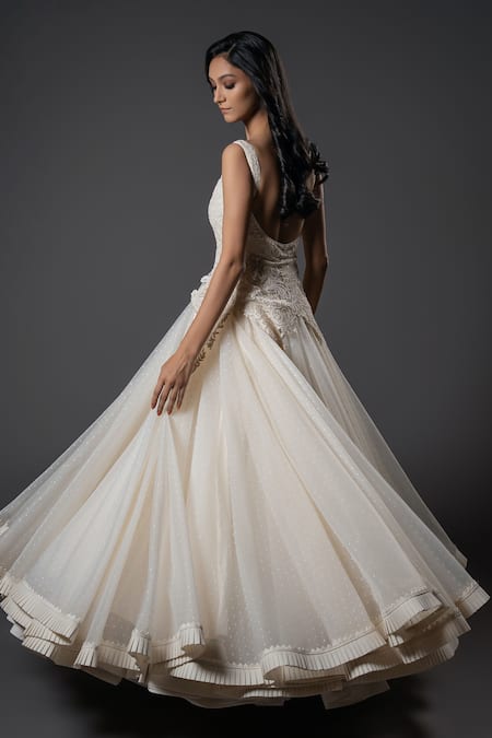 Shop_Rohit Bal_Ivory Organza, Chanderi Silk, Voile Floral Applique Yoke Anarkali Set _at_Aza_Fashions