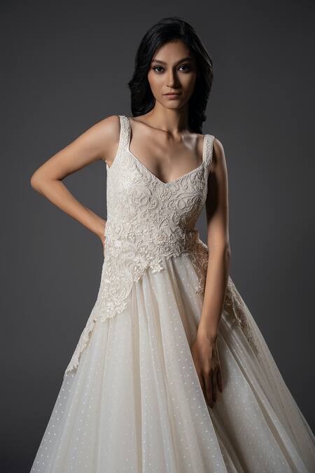 Rohit Bal_Ivory Organza, Chanderi Silk, Voile Floral Applique Yoke Anarkali Set _Online_at_Aza_Fashions