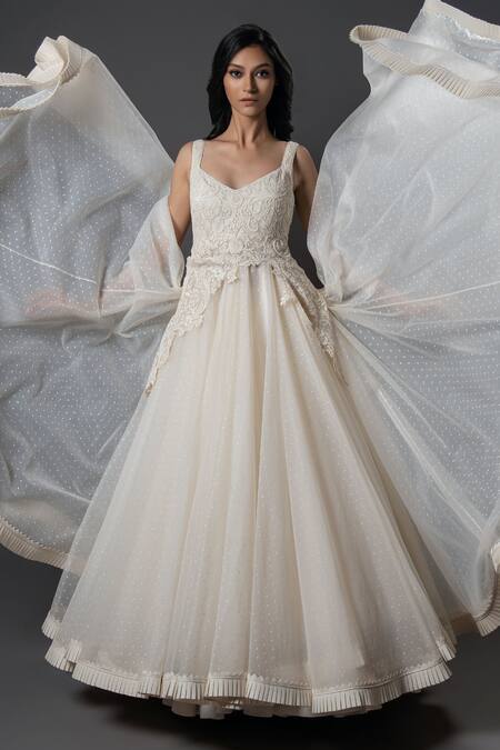 Buy_Rohit Bal_Ivory Organza, Chanderi Silk, Voile Floral Applique Yoke Anarkali Set _Online_at_Aza_Fashions