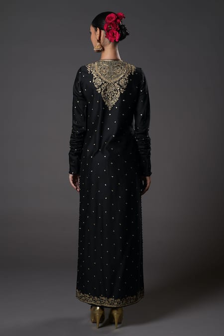 Shop_Rohit Bal_Black Silk, Voile, Zari, Floral Pattern Kurta Set _at_Aza_Fashions