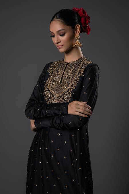 Rohit Bal_Black Silk, Voile, Zari, Floral Pattern Kurta Set _Online_at_Aza_Fashions
