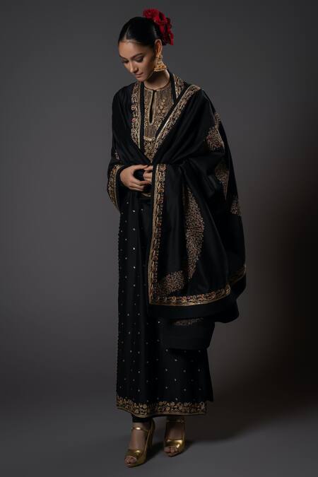 Buy_Rohit Bal_Black Silk, Voile, Zari, Floral Pattern Kurta Set _Online_at_Aza_Fashions