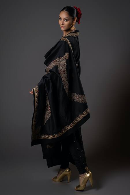 Shop_Rohit Bal_Black Silk, Voile, Zari, Floral Pattern Kurta Set _Online_at_Aza_Fashions