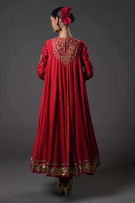 Shop_Rohit Bal_Red Chanderi Silk, Voile Sequins, Embroidery Round Floral Resham Anarkali Set _at_Aza_Fashions