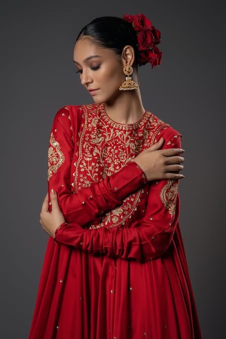 Rohit Bal_Red Chanderi Silk, Voile Sequins, Embroidery Round Floral Resham Anarkali Set _Online_at_Aza_Fashions