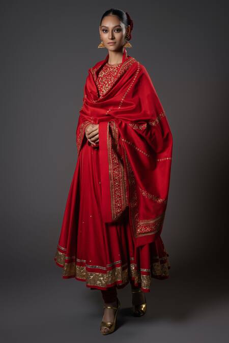 Buy_Rohit Bal_Red Chanderi Silk, Voile Sequins, Embroidery Round Floral Resham Anarkali Set _Online_at_Aza_Fashions