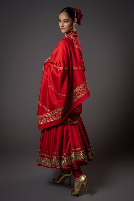 Shop_Rohit Bal_Red Chanderi Silk, Voile Sequins, Embroidery Round Floral Resham Anarkali Set _Online_at_Aza_Fashions