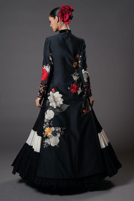 Shop_Rohit Bal_Black Chanderi , Embroidery Musk Rose Print Front Open Longline Jacket _at_Aza_Fashions