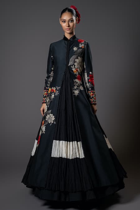 Rohit Bal_Black Chanderi , Embroidery Musk Rose Print Front Open Longline Jacket _Online_at_Aza_Fashions