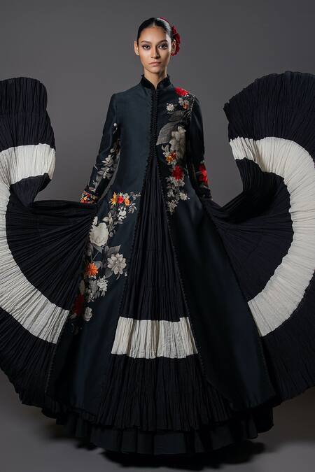 Buy_Rohit Bal_Black Chanderi , Embroidery Musk Rose Print Front Open Longline Jacket _Online_at_Aza_Fashions
