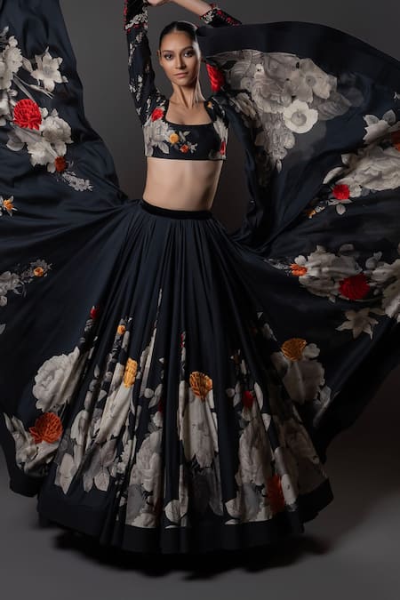 Rohit Bal_Black Chanderi , Embroidery Musk Rose Print Front Open Longline Jacket _at_Aza_Fashions