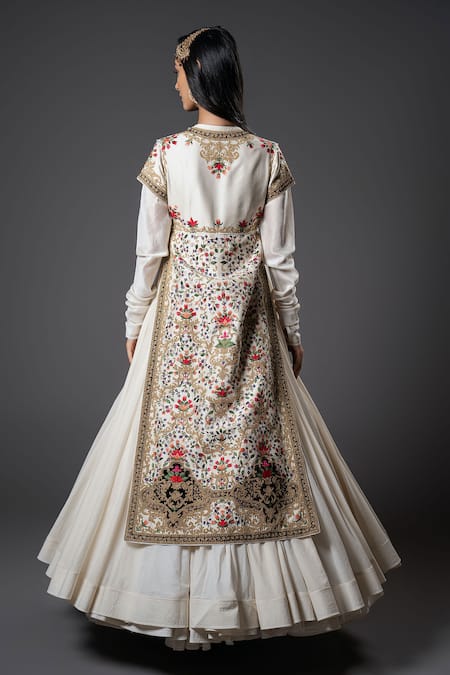 Shop_Rohit Bal_Ivory Chanderi Silk, Voile Embroidery Round Mughal Bloom Split Anarkali Set _at_Aza_Fashions