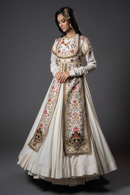 Rohit Bal_Ivory Chanderi Silk, Voile Embroidery Round Mughal Bloom Split Anarkali Set _Online_at_Aza_Fashions