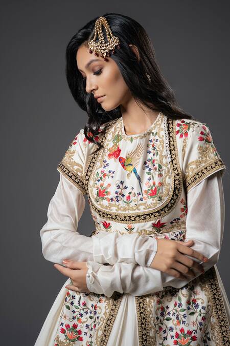 Buy_Rohit Bal_Ivory Chanderi Silk, Voile Embroidery Round Mughal Bloom Split Anarkali Set _Online_at_Aza_Fashions