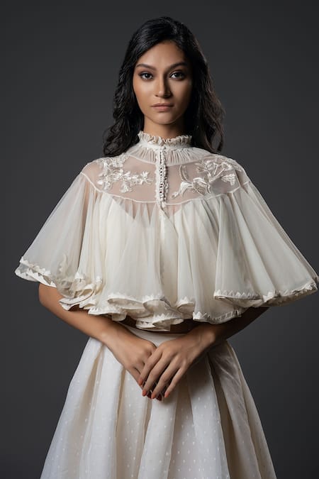 Shop_Rohit Bal_Ivory Dahlia Embroidered High Neck Pleated Collar Cape _at_Aza_Fashions