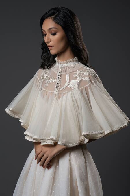 Rohit Bal_Ivory Dahlia Embroidered High Neck Pleated Collar Cape _Online_at_Aza_Fashions