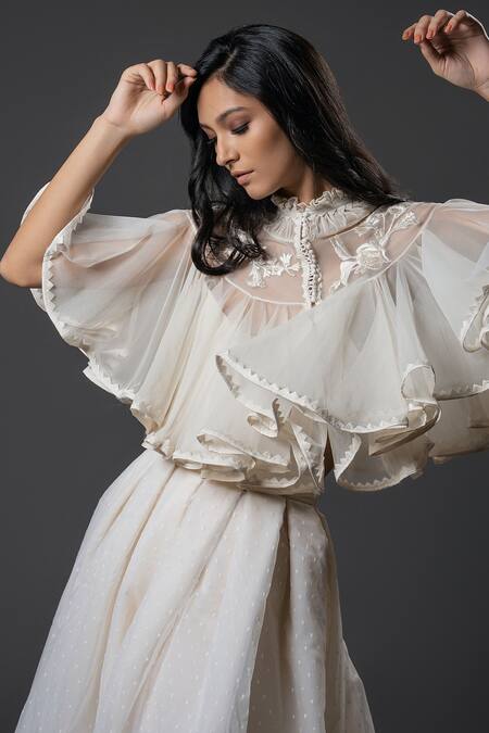 Buy_Rohit Bal_Ivory Dahlia Embroidered High Neck Pleated Collar Cape _Online_at_Aza_Fashions