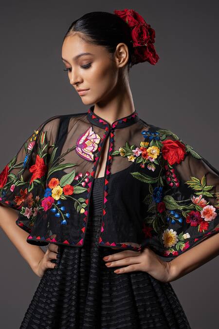 Rohit Bal_Black Gardenia Embroidered Sheer Net Cape _Online_at_Aza_Fashions