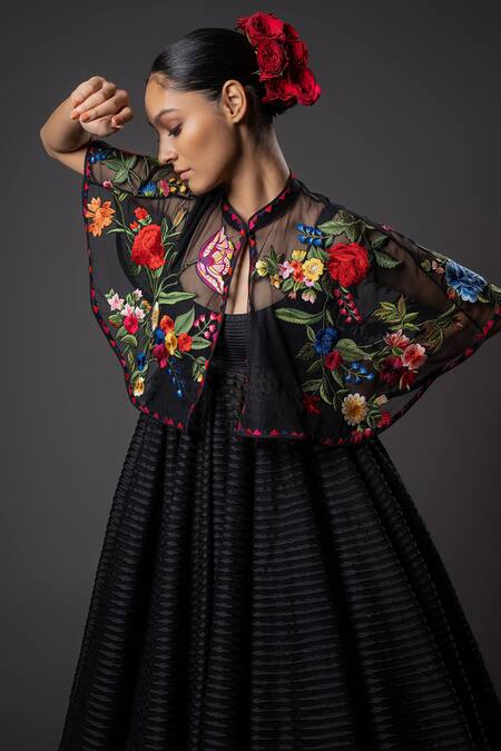Buy_Rohit Bal_Black Gardenia Embroidered Sheer Net Cape _Online_at_Aza_Fashions