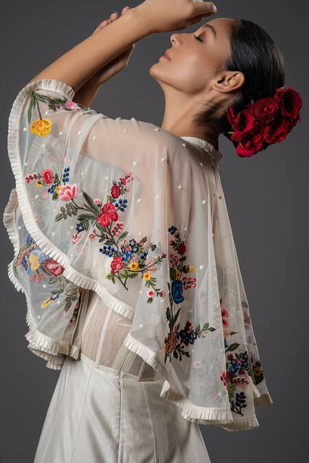 Shop_Rohit Bal_Ivory French Fleur Embroidered Sheer Net Cape _at_Aza_Fashions