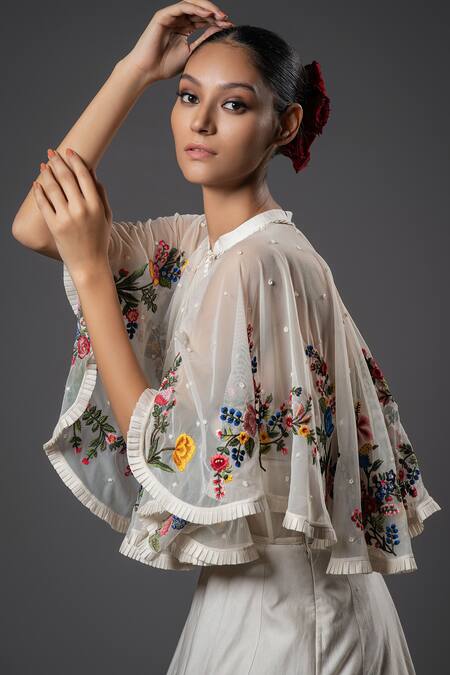Rohit Bal_Ivory French Fleur Embroidered Sheer Net Cape _Online_at_Aza_Fashions