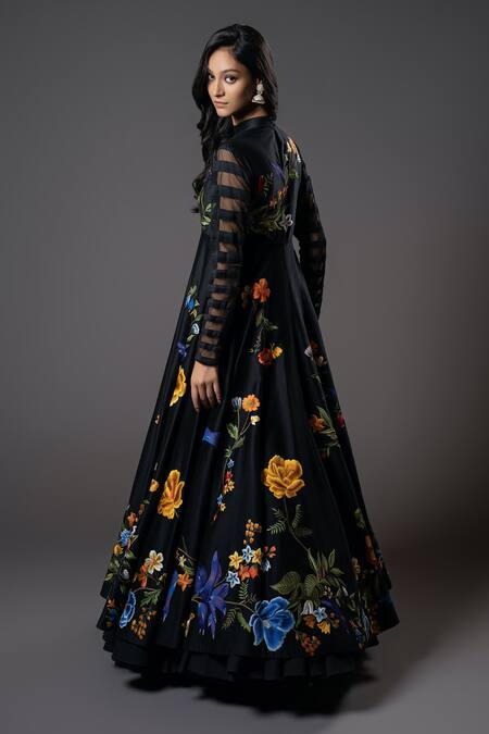 Shop_Rohit Bal_Black Chanderi Silk, Voile, Cotton Embroidery High Neck Iris Bloom Anarkali Set _at_Aza_Fashions