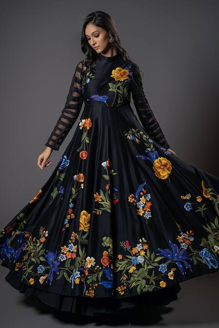 Rohit Bal_Black Chanderi Silk, Voile, Cotton Embroidery High Neck Iris Bloom Anarkali Set _Online_at_Aza_Fashions