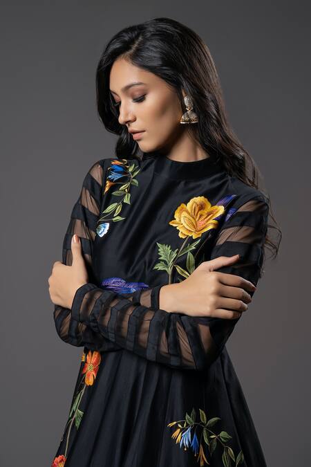 Buy_Rohit Bal_Black Chanderi Silk, Voile, Cotton Embroidery High Neck Iris Bloom Anarkali Set _Online_at_Aza_Fashions