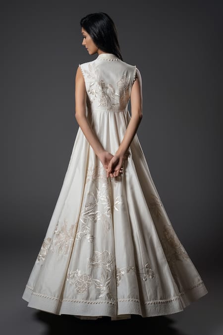 Shop_Rohit Bal_Ivory Chanderi Silk, Voile Embroidery Mandarin Misty Bloom Resham Anarkali Set _at_Aza_Fashions